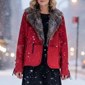 Red jacket by REGENT PARK faux suede with faux coyote fur accents - L